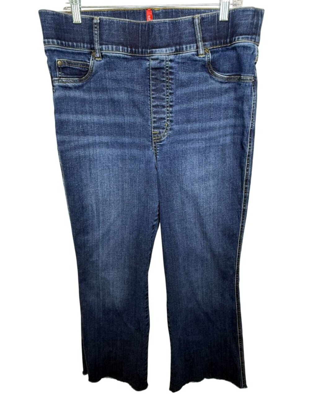 SPANX 1X Tall Kick Flare Jeans Dark Wash Raw Hem Stretch Denim